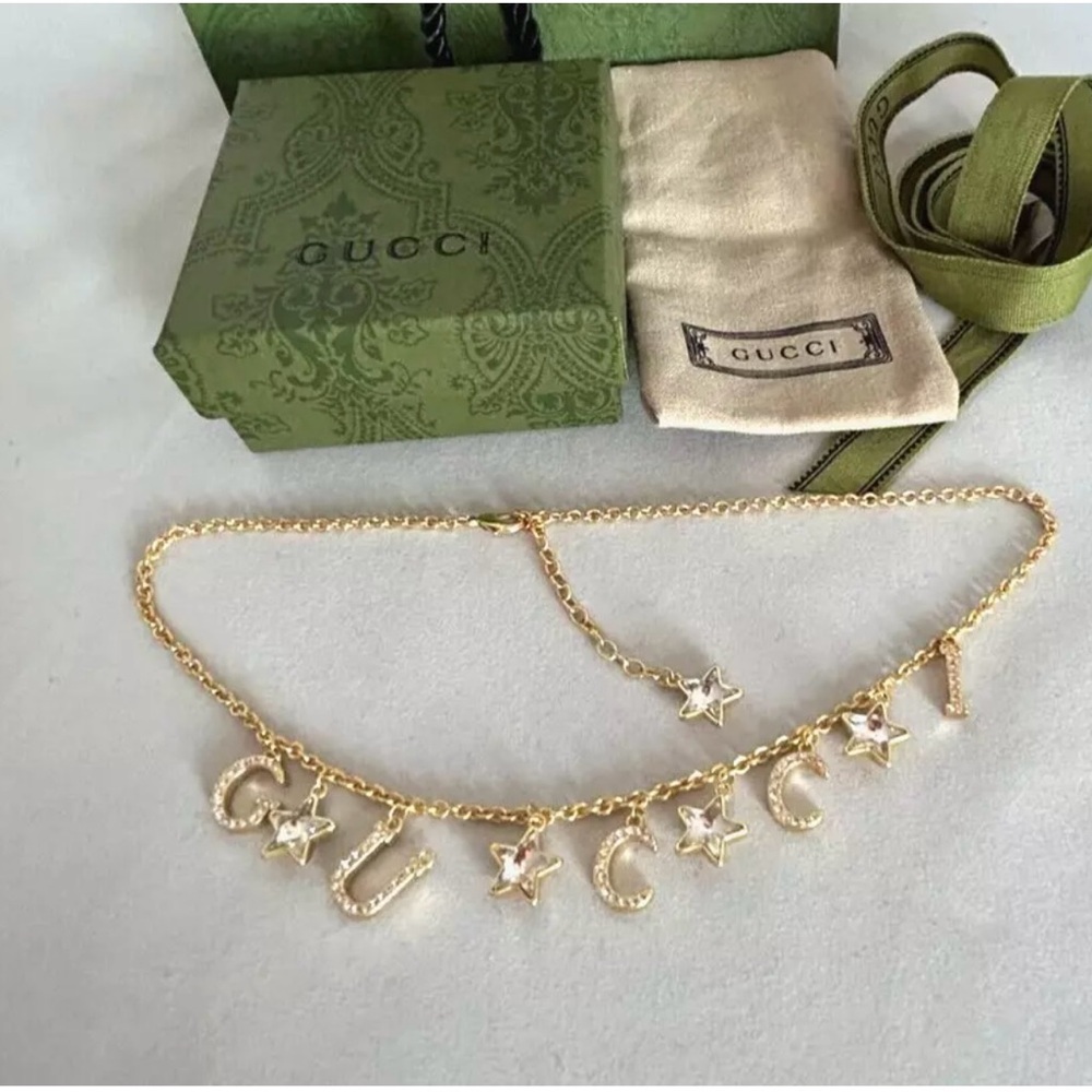 Gucci GG Motif Star Pendant Necklace in Gold Metal Tone—16”Long+ 2"extension